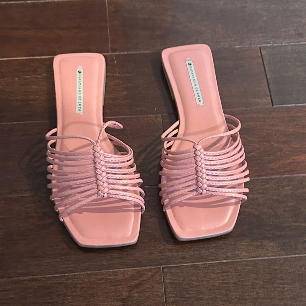 pink braided leather slides